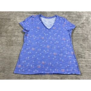 Dept 222 Top Womens XL Blue Palm Trees Short Sleeve V-Neck Luxey Tee Casual